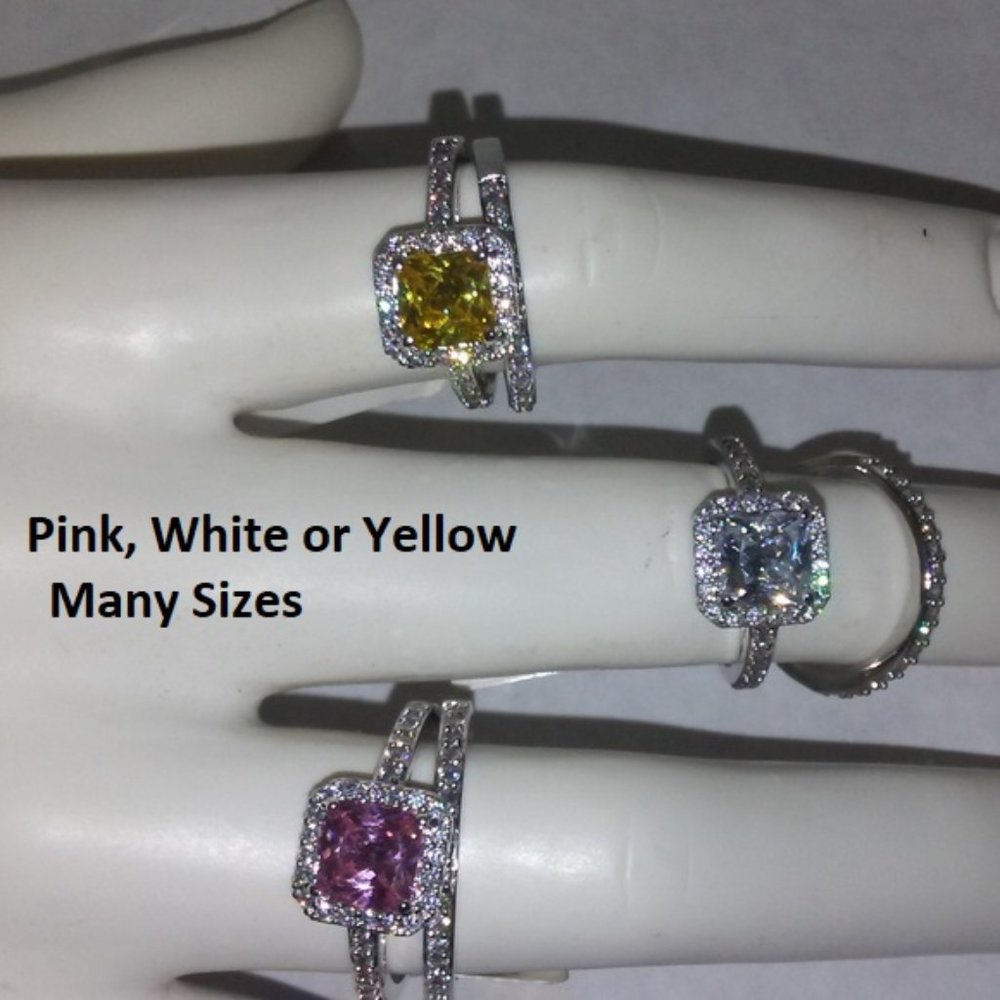 ring wedding set white cz eternity Two Bands yellow or pink diamond CZ New